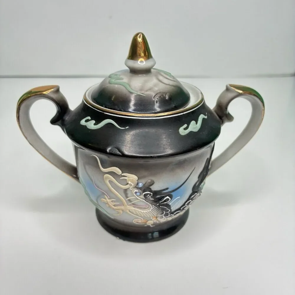 Dragonware Japan Moriage Lithophane Black Gray Blue Tea Pot Creamer Sugar Set